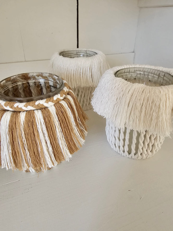 Upcycling-Makramee-Glasbehälter – Dreier-Set
