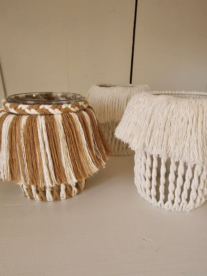 Upcycling-Makramee-Glasbehälter – Dreier-Set