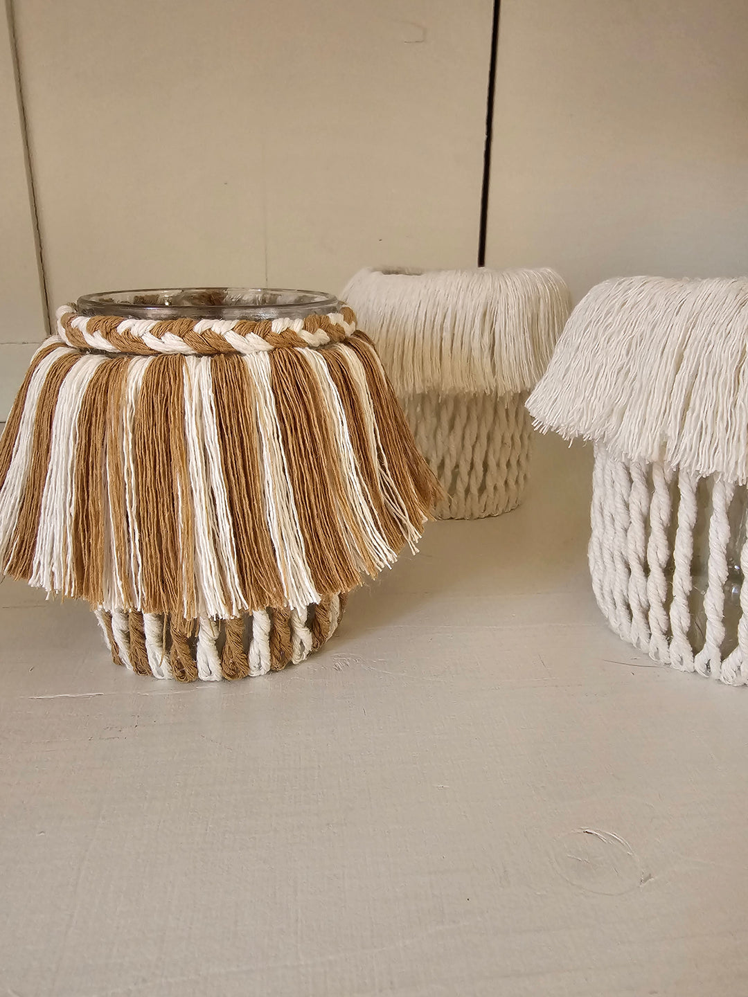 Upcycling-Makramee-Glasbehälter – Dreier-Set