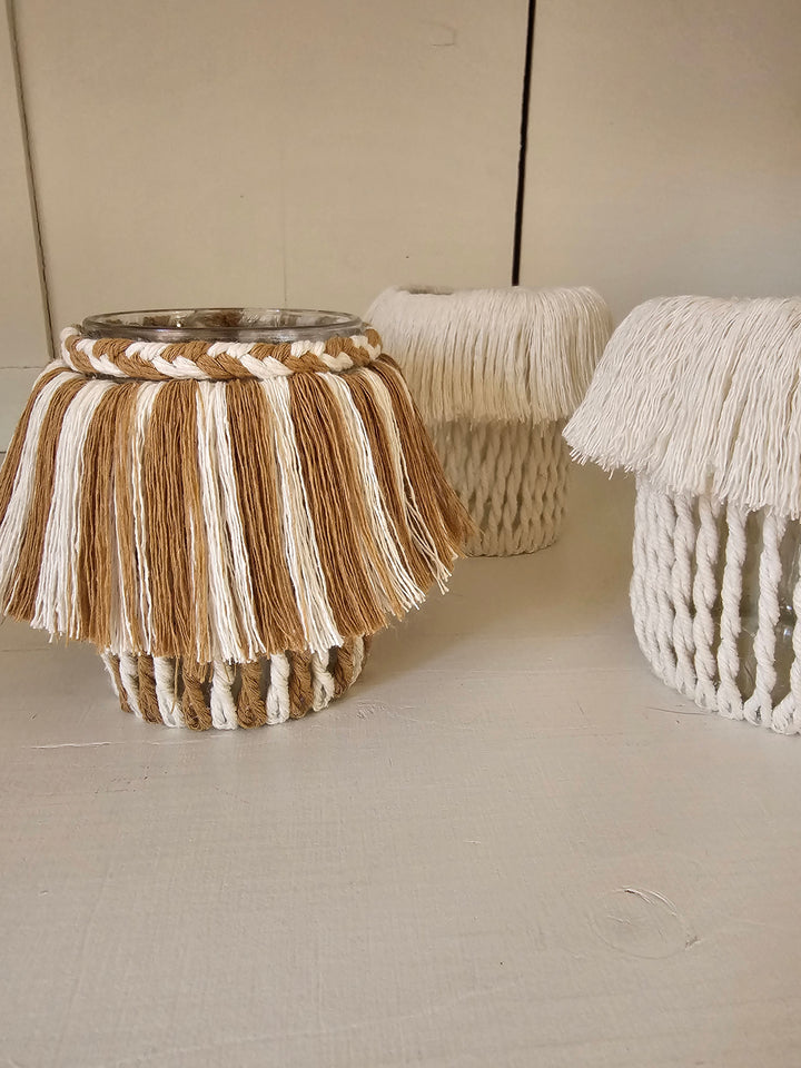 Upcycling-Makramee-Glasbehälter – Dreier-Set