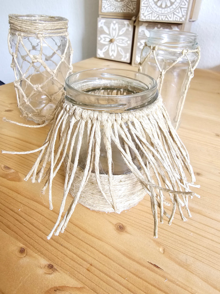 Upcycling-Gläser im natürlichen Boho-Stil – Dreierset
