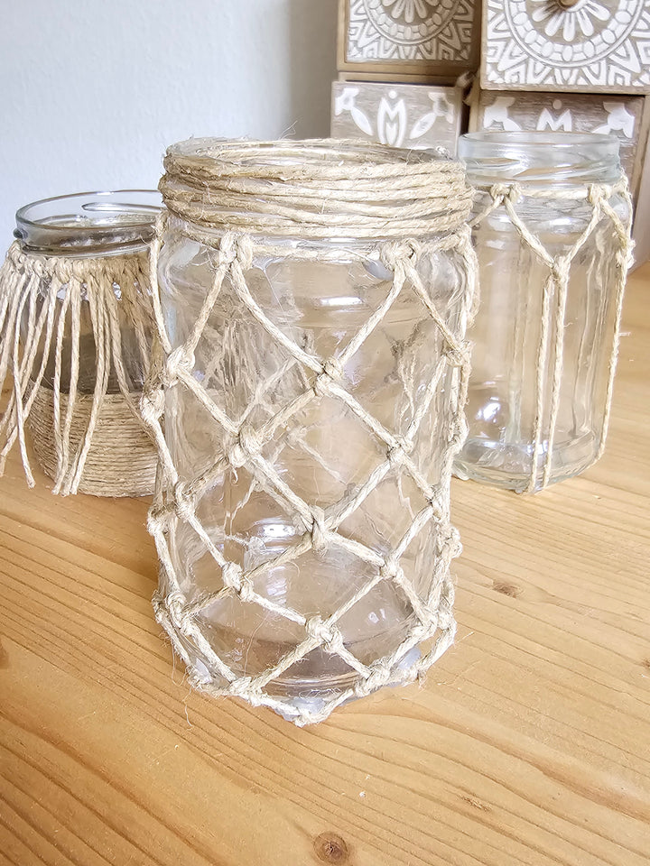 Upcycling-Gläser im natürlichen Boho-Stil – Dreierset