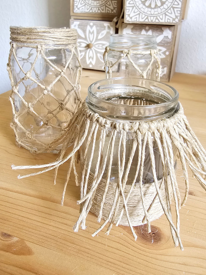 Upcycling-Gläser im natürlichen Boho-Stil – Dreierset